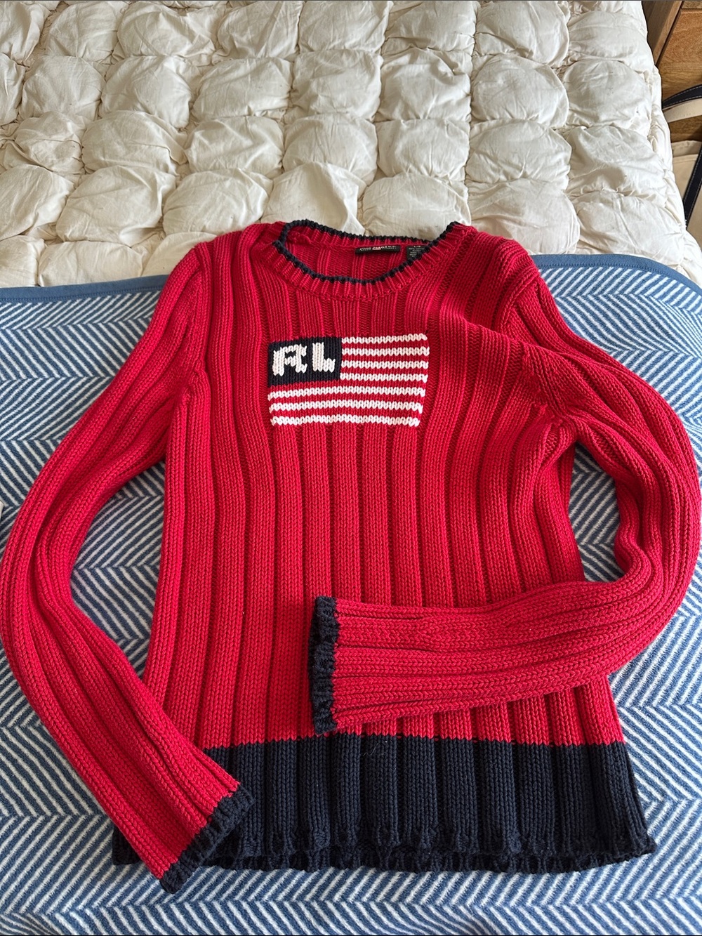 Ralph Lauren Red Ribbed Crewneck Sweater with Navy Trim